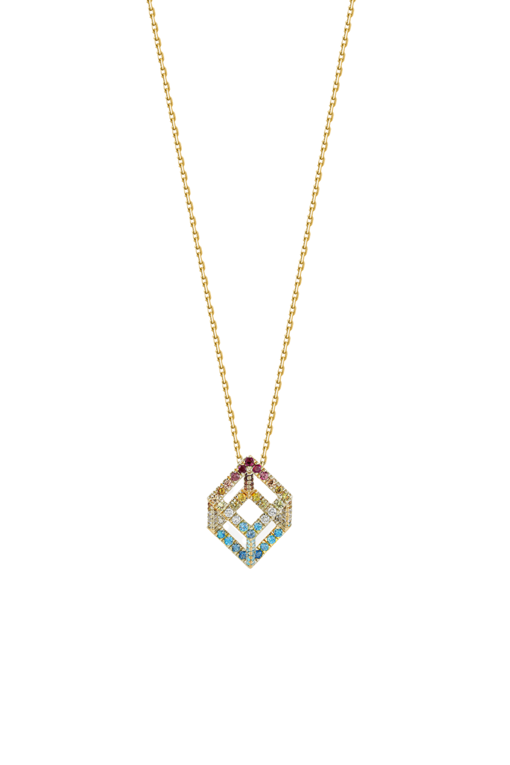 Cube Mirage Pendant Necklace Sunset Edition Pavée 18K Yellow Gold