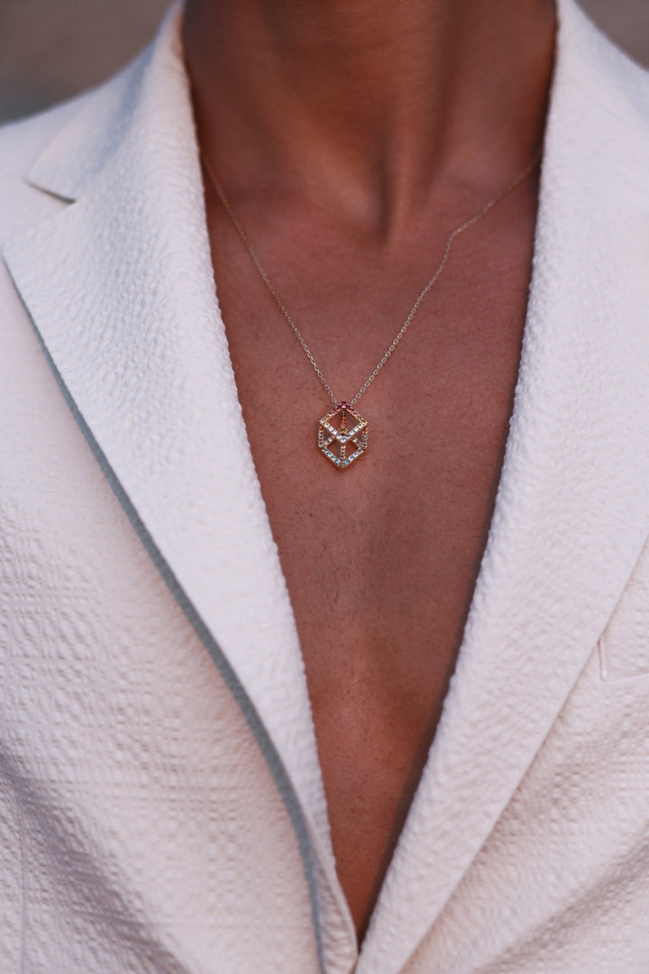 Cube Mirage Pendant Necklace Sunset Edition Pavée 18K Yellow Gold