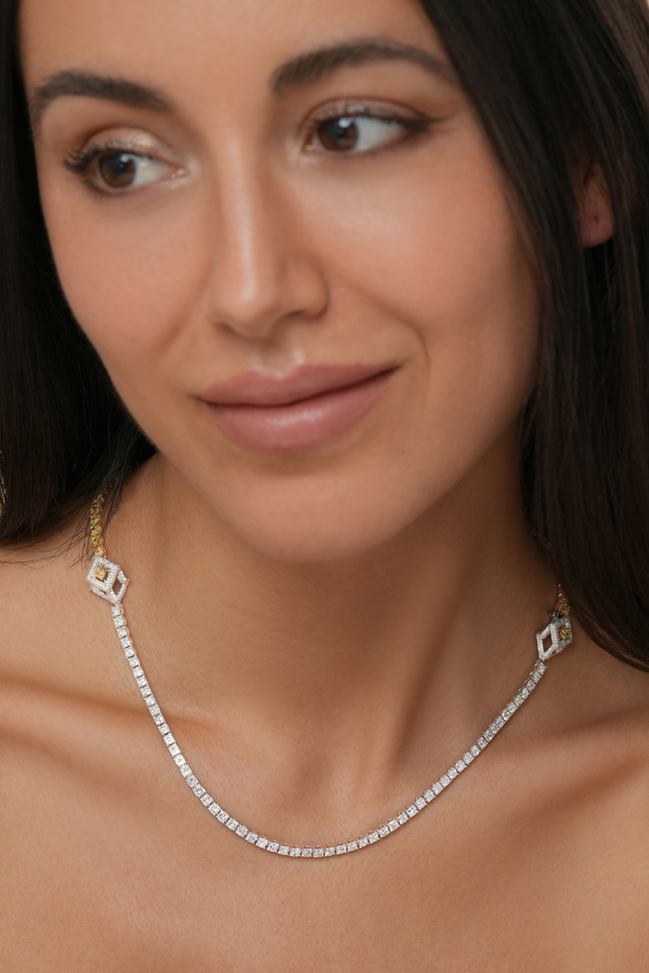 Cube Mirage Couture Two-Toned Tennis Necklace - Fancy Yellow & White Cushion Cut Diamonds