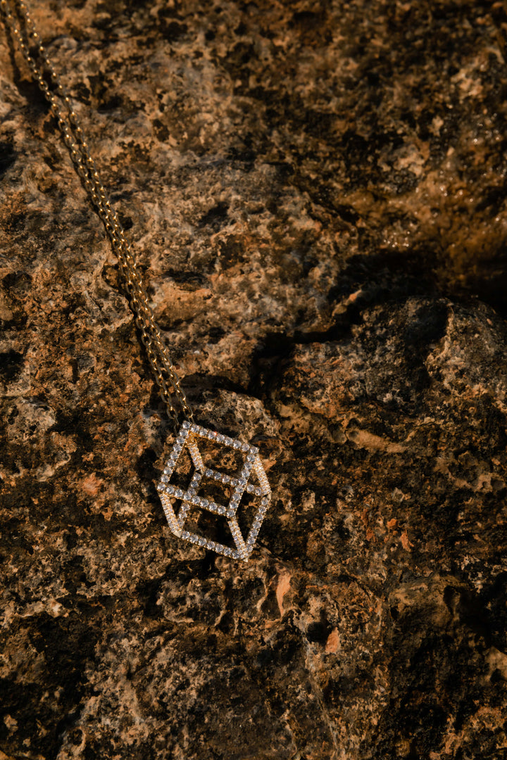 Mega Cube Mirage Pendant Necklace - Pavée (18k Yellow Gold)