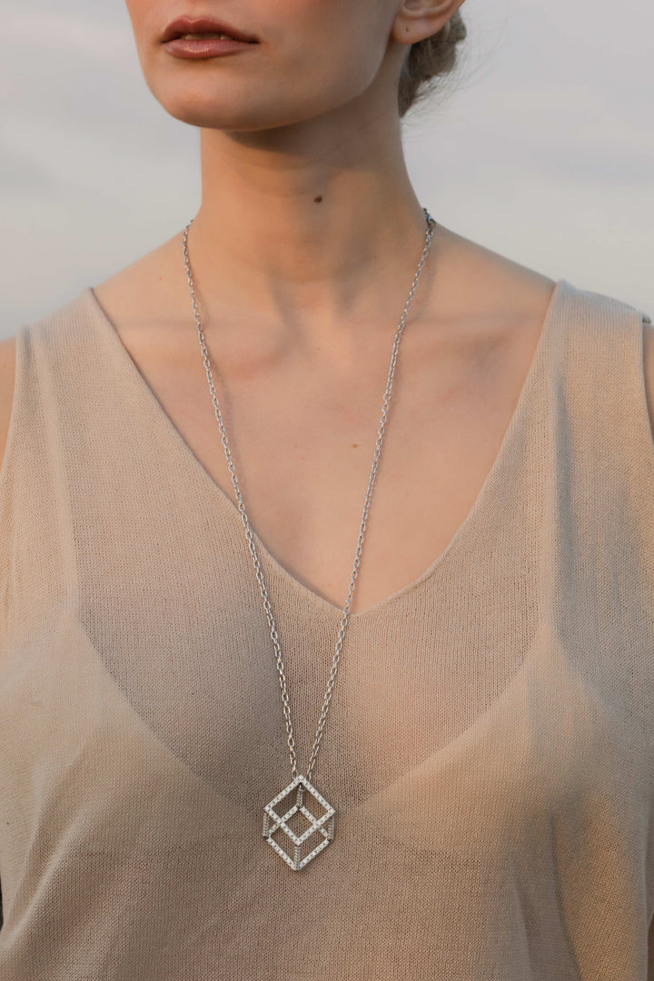 Mega Cube Mirage Pendant Necklace - Pavée (18k White Gold)