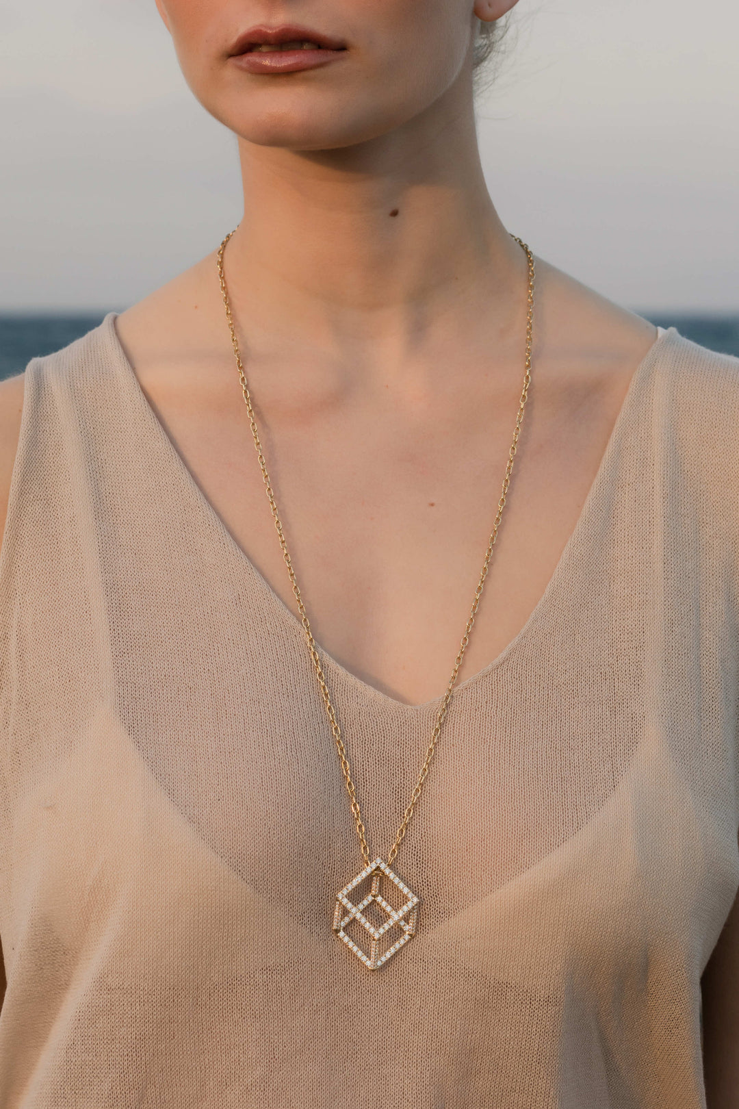 Mega Cube Mirage Pendant Necklace - Pavée (18k Yellow Gold)