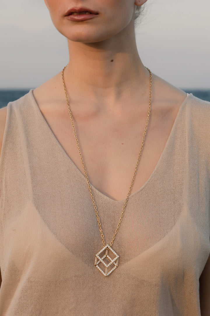 Mega Cube Mirage Pendant Necklace - Pavée (18k Yellow Gold)